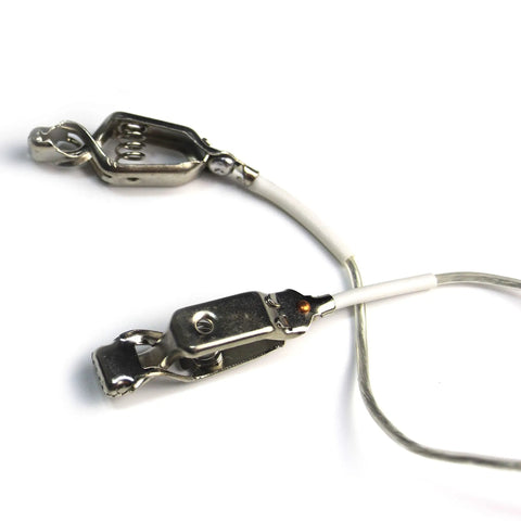 Close-up of metal clamp clips on Pro Grade Fencing Body Cord and Mask Cord Set with Twin Core Copper Wires, clear wire visible.