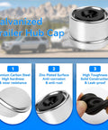 Galvanized trailer hub cap with zinc-plated surface, carbon steel construction, and anti-corrosion features displayed above three features.