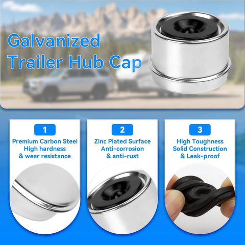 Galvanized trailer hub cap with zinc-plated surface, carbon steel construction, and anti-corrosion features displayed above three features.