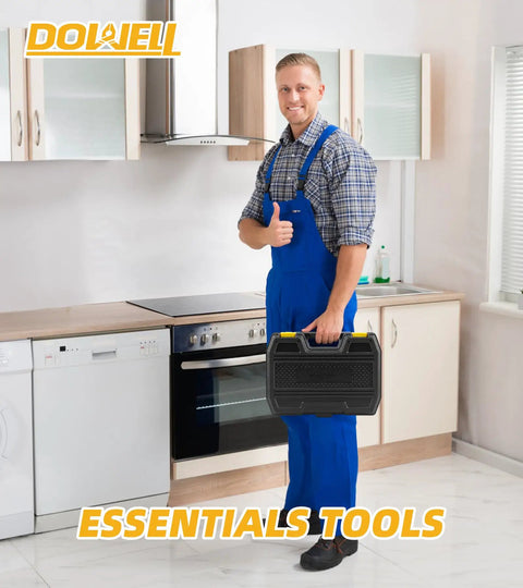Man holding Compact 10 Piece Small Tool Kit Set With Portable Plastic Storage Case For Home Repairs And DIY Projects