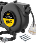 Retractable Extension Cord Reel With Light Indicator 40 Ft Triple Outlet Wall Mounted UL Listed 14 Amp 125V 1750W displayed.