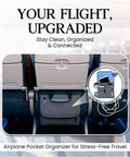 The Low Key Essential Airplane Seat Back Organizer Expands Over Tray Tables To Keep Your Commuter Carry On Gear Crisp And Stress Free During Every Seamless Flight journey, featuring pockets with gadgets and devices.