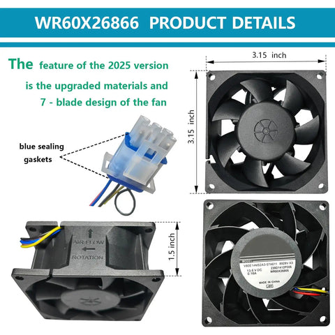 Upgraded 2025 Evaporator Fan Motor WR60X26866 Compatible With Refrigerators - 7 Blade OEM Replacement, top and side view