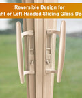 Flush Mount Sliding Glass Door Handleset Non-Keyed With Night Lock And Hook Latch, 6 5/8 Inch Hole Spacing, Fits 1 To 1 1/8 Inch Thick Doors, Non-Handed White Diecast, Durable Construction For Long Lasting Use And Smooth Operation, shown installed on a sliding glass door, demonstrating reversible design for right or left-handed doors.