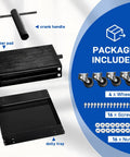 Package contents of 1100 Lb Motorcycle Scissor Lift Jack With Dolly, including rubber pad, crank handle, dolly tray, wheels, screws.