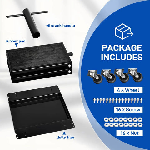 Package contents of 1100 Lb Motorcycle Scissor Lift Jack With Dolly, including rubber pad, crank handle, dolly tray, wheels, screws.