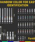 43 Piece Screwdriver Bit Set With S2 Steel, highlighted in rainbow colors for identification, includes 25mm and 75mm bits.
