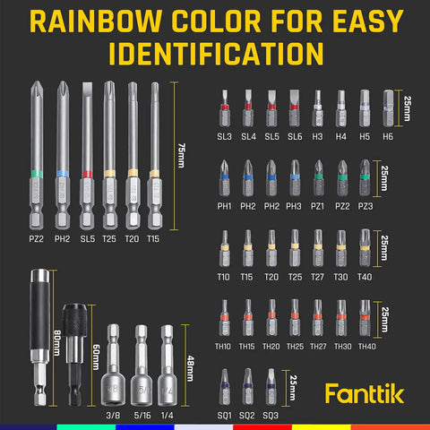 43 Piece Screwdriver Bit Set With S2 Steel, highlighted in rainbow colors for identification, includes 25mm and 75mm bits.