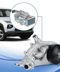 Heavy Duty Engine Water Pump With Thermostat And Gasket Kit Direct Bolt Drop In Replacement displayed beside pickup truck engine.