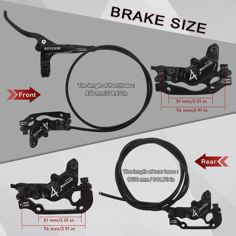 Four Piston Hydraulic Disc Brake Set For Mountain Bikes And Ebikes with Front Left 850mm and Rear Right 1630mm hoses