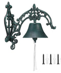 Badass Heavy Duty Cast Iron Outdoor Wall Bell With Slick Vintage Rustic Patina mounted on a decorative bracket with cord and screws.