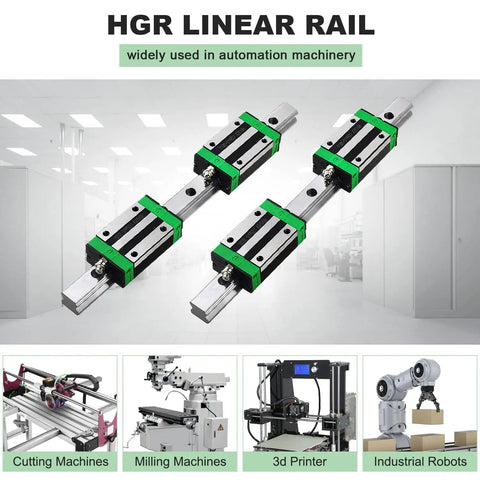 Two HGR20 200mm Linear Guide Rails With Four HGH20CA Carriage Blocks for DIY CNC projects, shown with various machinery applications.