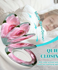 Elongated Toilet Seat for Bathroom with pink rose design, showing slow close feature and quiet closing function.