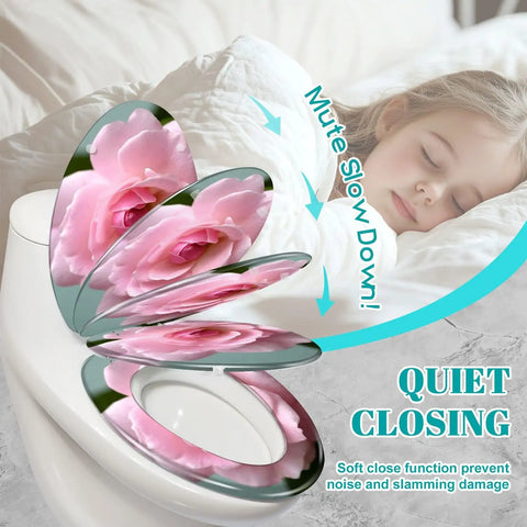 Elongated Toilet Seat for Bathroom with pink rose design, showing slow close feature and quiet closing function.