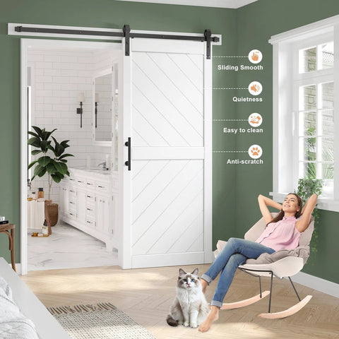 36 Inch By 84 Inch Sliding Barn Door With Six Point Six Foot Hardware Kit And Handle Included Solid MDF Wood Slab Covered With Water Proof And Scratch Resistant PVC Surface Simple Do It Yourself Assembly Chevron Pattern shown installed in a modern living room