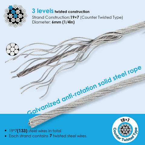Pro Grade Galvanized Steel Wire Rope Replacement For Three In One 500Kg Electric Hoist Six Mm Thick Seven Point Six Meter Long Heavy Hitter Lifting Cable Straight Fix Job Ready Setup