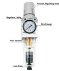 Quarter Inch NPT Compressed Air Filter Regulator Combo Piggyback With Water And Oil Trap Separator, 0-150 PSI Gauge, Auto Drain, Poly Bowl