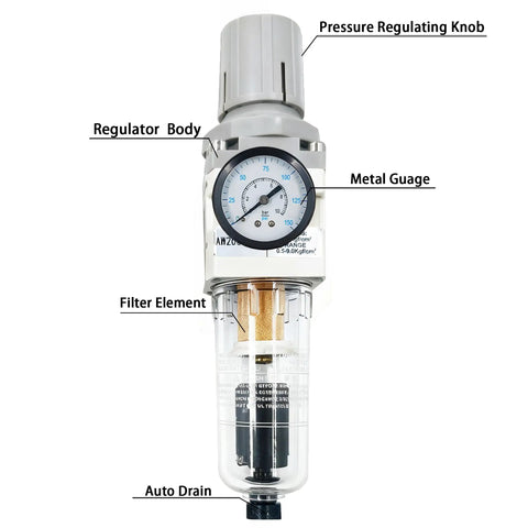Quarter Inch NPT Compressed Air Filter Regulator Combo Piggyback With Water And Oil Trap Separator, 0-150 PSI Gauge, Auto Drain, Poly Bowl
