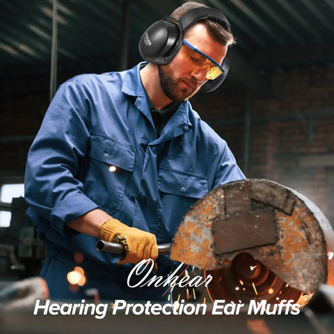 Man wearing noise canceling ear muffs for adults and kids, hearing protection in workshop using grinder with sparks