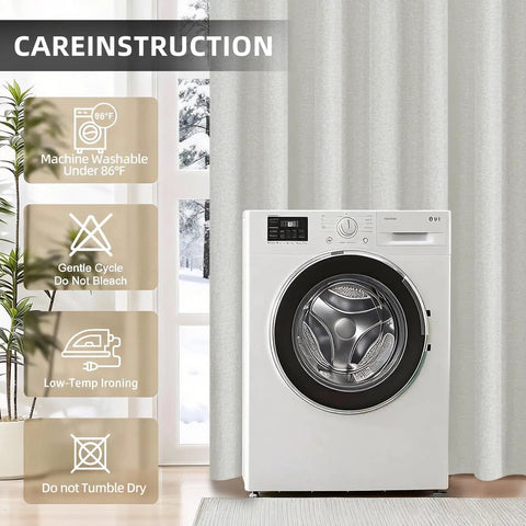 100 Percent Blackout Curtains For Bedroom And Living Room Linen Textured Thermal Insulated Room Darkening Grommet Top Drapes 52 W X 72 L 2 Panels Set Blocks Light And UV Quiet Sleep For A Home Theater Vibe shown with washing machine care instructions visible