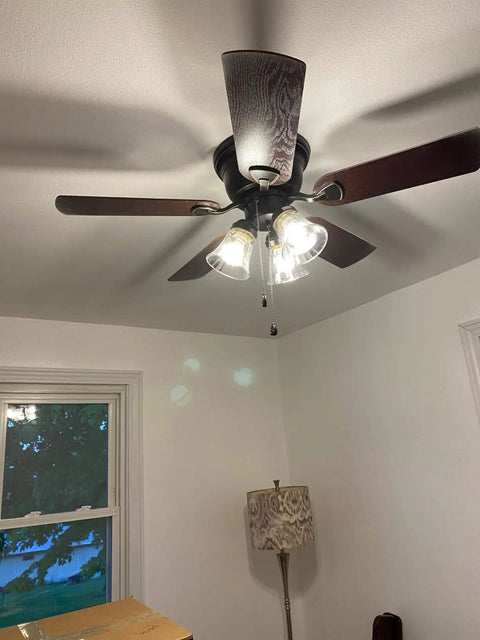 Hammered Glass Bell Shade Set For Ceiling Fans And Light Fixtures installed on ceiling fan, four pack, easy renovation, standard size.