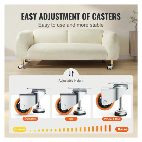 Buttery Smooth Rolling Leveling Casters 3 Inch Diameter 4 Pack adjustments for dynamic, still, and lifted positions.