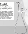CleanSpa Luxury Handheld Bidet and Mounted Holster with Integrated Shut Off in White beside toilet, with stainless steel hose