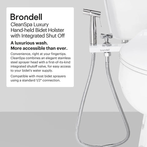CleanSpa Luxury Handheld Bidet and Mounted Holster with Integrated Shut Off in White beside toilet, with stainless steel hose