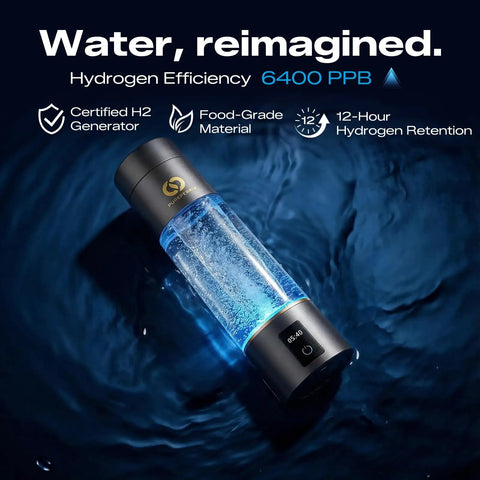 Top Shelf Hydrogen Water Bottle Generator With 6400 PPB Molecular Hydrogen IHSA Certified 10 Oz Capacity shown on water surface
