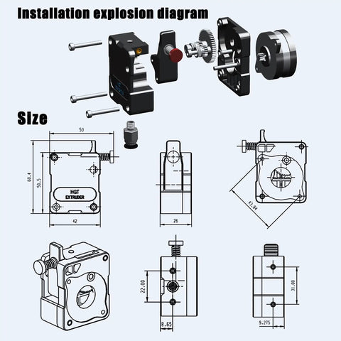 Installation diagram of Ultra Lightweight Hgt Extruder With Nema14 36mm High Torque Stepper Motor and dimensions.
