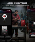 IControl CUT55 Prolux Plasma Cutter with APP control displayed on smartphone, man using device in workshop with tools.