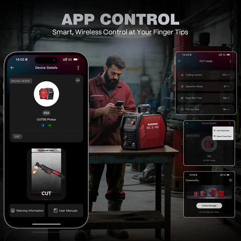 IControl CUT55 Prolux Plasma Cutter with APP control displayed on smartphone, man using device in workshop with tools.