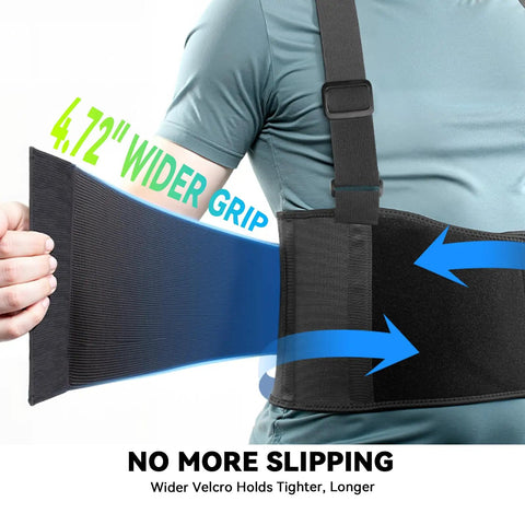 Adjustable Lower Back Support Belt Built For Tough Work All Day Pain Relief For Sciatica And Herniated Discs Men And Women, Heavy Lifting Back Brace For Warehouse Construction And Moving Jobs; wider Velcro grip shown on model.