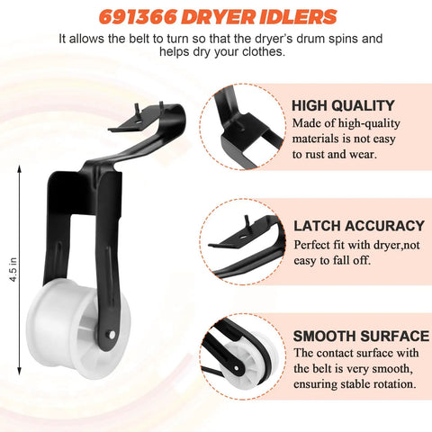Close-up of 691366 dryer idler from Upgraded 4392065 Dryer Repair Kit for 29 inch dryers with top lint filter.