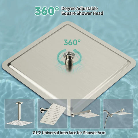 360° view of Mega Sized 16 Inch Brushed Nickel Rain Shower Head With 304 Stainless Steel Construction High Pressure Rainfall Ultra Thin Design