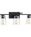 Calhoun Modern Bohemian Clear Glass Vanity Wall Light Three Light Fixture with Dimmable E26 Bulbs, Black Backplate, 24 Inch Wide
