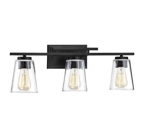 Calhoun Modern Bohemian Clear Glass Vanity Wall Light Three Light Fixture with Dimmable E26 Bulbs, Black Backplate, 24 Inch Wide