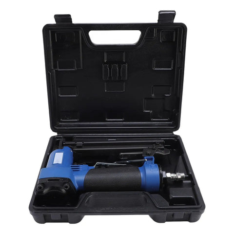 Pneumatic Brad Nailer for Woodworking and Cabinet Trim Repair with Jam Free Split Nozzle Tech in protective case.