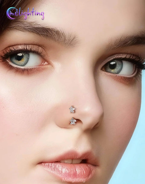 Flower Push Pin 20G Horseshoe Nose Ring Hoop All In One Piercing Set With Taper Ball Grabber Tool 316L Surgical Steel CZ Clear on model