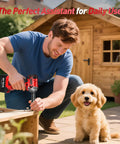 Man using Straight Up Powerhouse 3/8 Inch Cordless Impact Wrench With Brushless Motor for outdoor DIY project with a dog nearby.