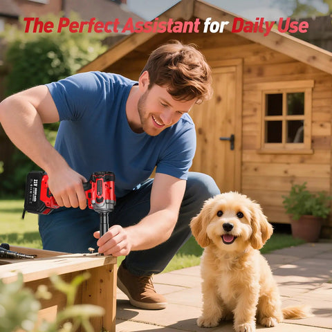 Man using Straight Up Powerhouse 3/8 Inch Cordless Impact Wrench With Brushless Motor for outdoor DIY project with a dog nearby.