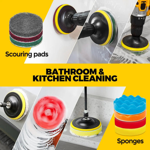 Dope 22 Piece Drill Brush Attachment Kit With Scrub Pads Sponges Buffing Pads Wax Applicator Pads Car Polishing Pads Power Scrubber Gear showing scouring pads and sponges for bathroom and kitchen cleaning.