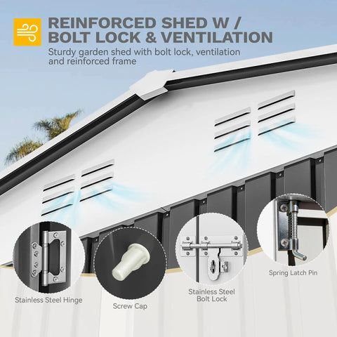 Close-up of ventilation, bolt lock, and hinges on large 12 by 8 foot outdoor tool shed with window and lockable doors.