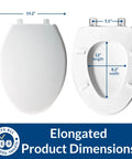 Heavy Duty Elongated Plastic Toilet Seat With Lid And StayTite Fastening For Secure Non Slip Installation In Hotels And Restrooms White Stainless Steel Posts And Pintles For Corrosion Resistant Durability shown with dimensions