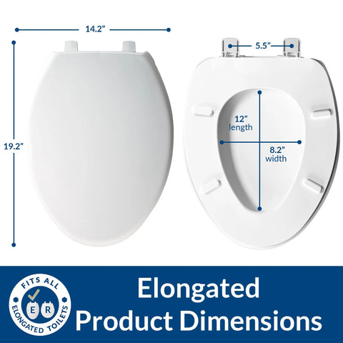 Heavy Duty Elongated Plastic Toilet Seat With Lid And StayTite Fastening For Secure Non Slip Installation In Hotels And Restrooms White Stainless Steel Posts And Pintles For Corrosion Resistant Durability shown with dimensions