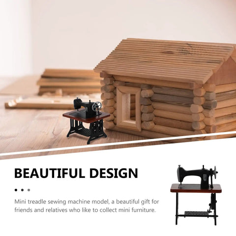 Authentic Vibes Rad Tiny 1/24 Scale Miniature Sewing Machine Dollhouse Replica And Home Decor Ornament Super Detailed Tabletop Accessory For Craft Rooms And Serious Collectors next to a log cabin.