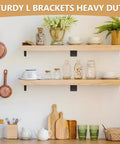 Wooden kitchen shelves with decor, supported by Heavy Duty L Brackets For Shelves 107 Piece Value Set With Multiple Sizes And Screws Rustproof Metal Corner Supports