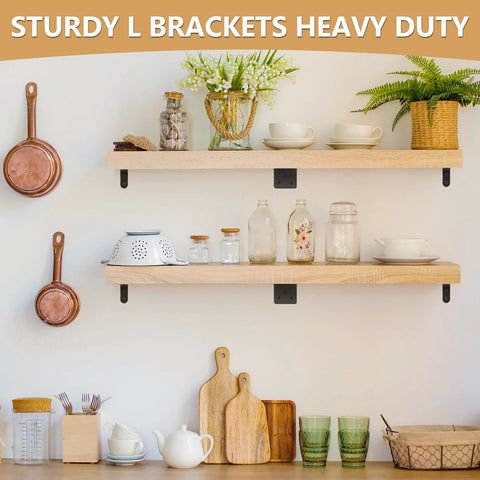 Wooden kitchen shelves with decor, supported by Heavy Duty L Brackets For Shelves 107 Piece Value Set With Multiple Sizes And Screws Rustproof Metal Corner Supports