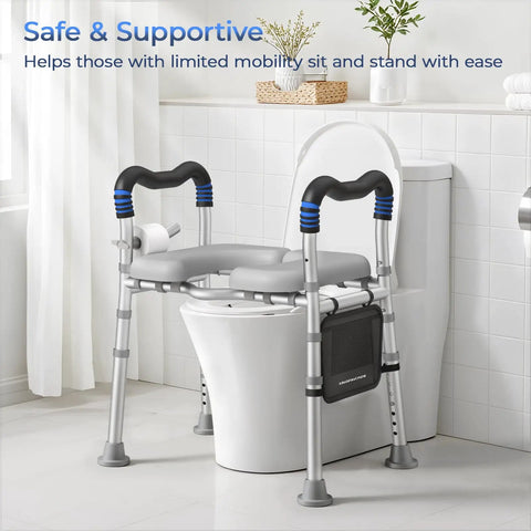 Rock Solid Raised Toilet Seat With Long Handles For Seniors Heavy Duty 500 Lbs Bathroom Safety Chair Featuring Soft Foam Armrests And Grip Tight Rubber Feet For Smooth Easy Transitions