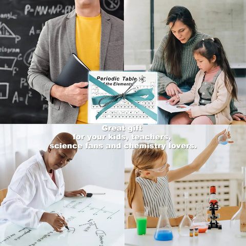Collage of diverse individuals using 83 Real Elements Inside Acrylic 3D Periodic Table Display with Flannel Bag in various educational settings